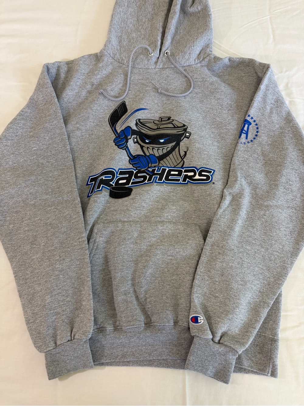 Champion Gray Hoodie with Blue & Black Trashers Hockey Graphic